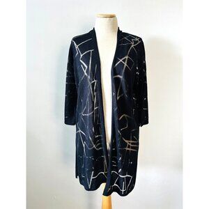 Chicos Open Front Black Cardigan With Geometric Print Lightweight Knit M